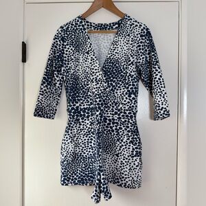 Mahi Gold Riptide Romper Navy Blue White Polka Dots Wrap Front 3/4 Sleeves Small